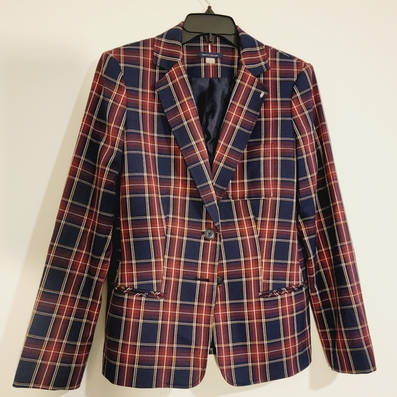 Tommy Hilfiger Navy Red Royal Stewart Plaid Professor Patch Elbow Blazer Size 8 - Picture 1 of 13